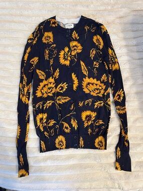 J. Crew Navy Cardigan with Golden Yellow Floral Print